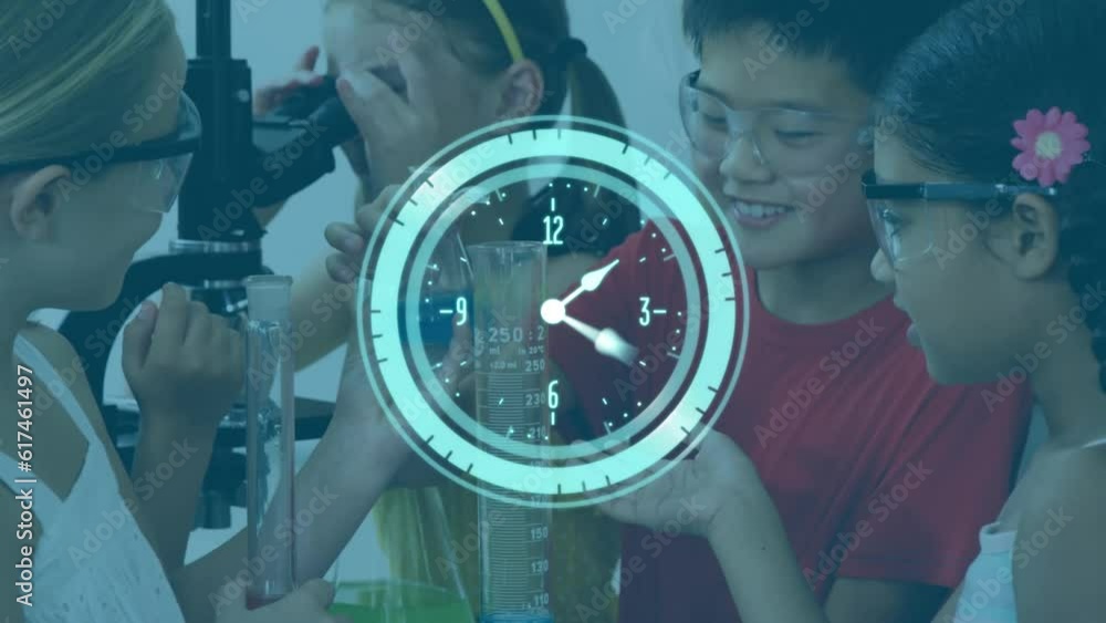 Poster animation of digital clock over diverse students pouring liquid in test-tube and using microscope