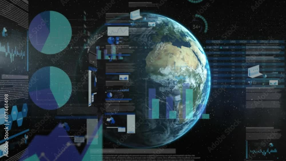 Poster animation of infographic interface over rotating globe against space