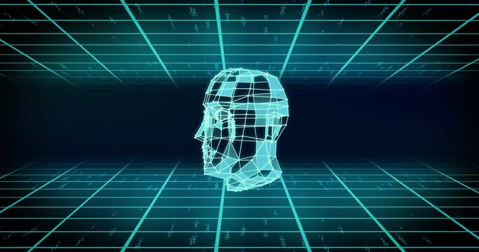 Animation of blue 3d cuboid head model rotating over grid and light trails on dark background
