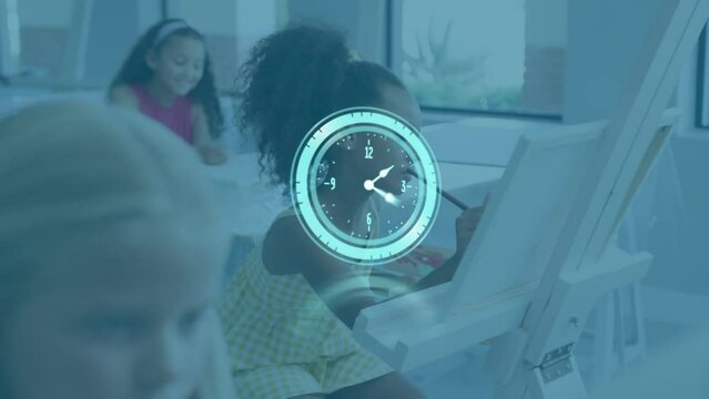 Animation of illuminated digital clock over diverse children learning drawing in classroom