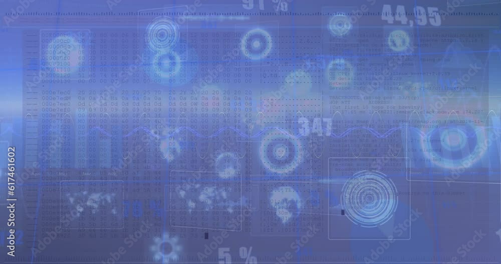 Poster animation of numbers and computer language over globes, radars, graphs and maps