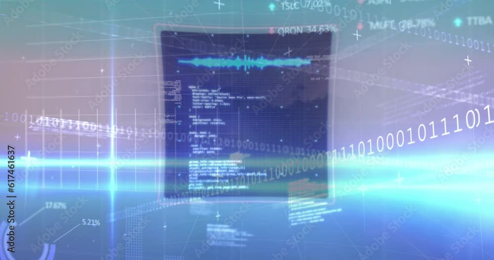 Poster animation of looping binary codes, graphs, computer language over trading boards and arc reactors