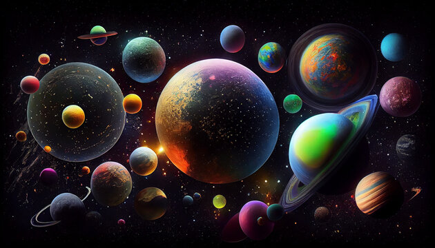 llustrated universe pattern, universe with neon colorful planets and stars on dark background Ai generated image © TrendyImages