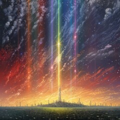 Rainbow in the sky with rockets and meteorites