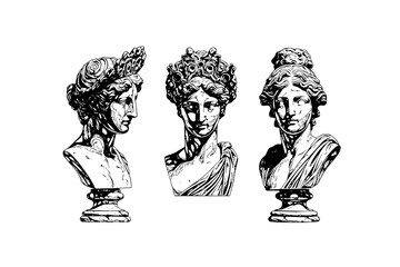 Сracked statue head of greek sculpture sketch engraving style vector illustration.