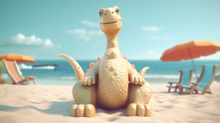 Fototapeta na wymiar dinosaurs relaxing on the beach minimal rendering background