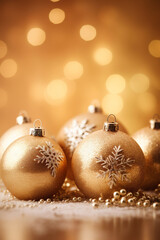Christmas ornaments, xmas ball in golden colors with copy space. Festive background. Generative AI