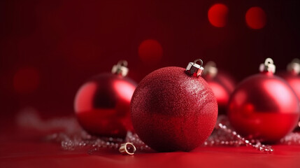 Christmas ornaments, xmas ball in red colors with copy space. Festive background. Generative AI