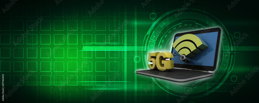 Poster 3d rendering 5g network 5g connection with laptop