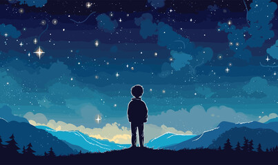 Starry Night Adventure: Vector Illustration of a Boy Gazing at the Sky - obrazy, fototapety, plakaty