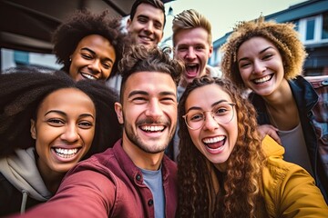 Multiracial group of friends having fun together outdoors on city street- Young cheerful people walking hugging outside- Next gen z lifestyle concept-Smiling student enjoying vacation