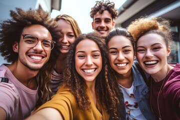 Obraz premium Multiracial group of friends having fun together outdoors on city street- Young cheerful people walking hugging outside- Next gen z lifestyle concept-Smiling student enjoying vacation