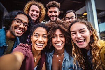 Obraz premium Multiracial group of friends having fun together outdoors on city street- Young cheerful people walking hugging outside- Next gen z lifestyle concept-Smiling student enjoying vacation
