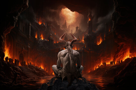 Hellish landscape with a humanoid creature sitting in the foreground observing the scene. AI generative
