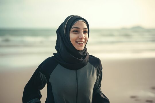 Beautiful Sport Muslim Woman Smiling. Healthy Woman With Scarf Exercising