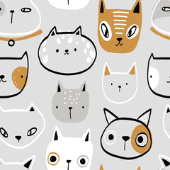 pattern; cats; kids; pets; seamless; vector; illustration; fabric; funny; textile; texture; childish; creative; cute; cartoon; cat; background; wallpaper; design; animal; print; doodle; white; pet; de