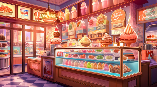 sweet colorful ice creams of different flavors and types in the confectionery made with Generative AI