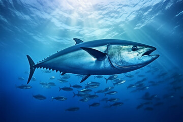 Fototapeta premium Tuna in the deep blue ocean. Underwater world. 3d rendering