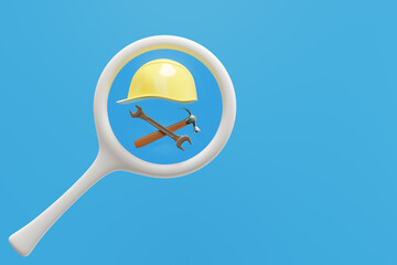 Job search. Working helmet and tools in a magnifying glass. 3d rendering