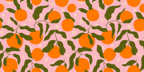 Orange fruit seamless pattern in abstract Matisse style. Tropical summer fruit on pink background. Citrus, curve leaves, tiny flowers print. Hand drawn vector fabric design, summer textile, wallpaper.