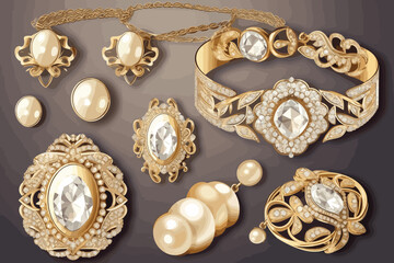 Jewellery or Jewelry Item as Personal Adornment ,set of earrings with gems, diamonds Vector art illutration on white background.