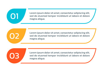 3 steps info graphic, number options, text box banners. Business presentation, layout templates. Infographic design elements, menu with three sections. Vector illustration.