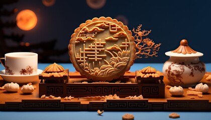Generative AI illustration of Chinese Mid Autumn Festival moon cakes arranged on a traditional Chinese porcelain plate, set on a rustic wooden table