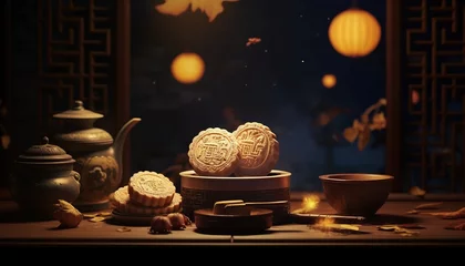 Keuken foto achterwand Volle maan Generative AI illustration of Chinese Mid Autumn Festival moon cakes arranged on a traditional Chinese porcelain plate, set on a rustic wooden table