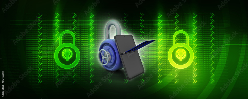 Poster 3d rendering transmitter mobile wifi with lock