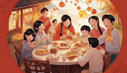 Generative AI illustration of according to the reference painting style, draw a Chinese family, parents and children, and go out with backpacks on Mid-Autumn Festival