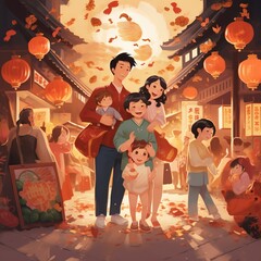 Generative AI illustration of according to the reference painting style, draw a family, parents and children, and go out with backpacks on Chinese Mid Autumn Festival