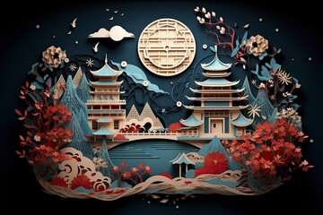 Generative AI illustration of chinese festival on color background with asian elements. Mid Autumn, Tet Holiday and Lunar New year holiday