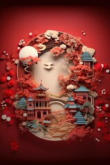 Generative AI illustration of chinese festival on color background with asian elements. Mid Autumn, Tet Holiday and Lunar New year holiday