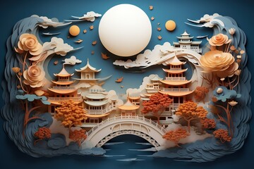 Generative AI illustration of chinese festival on color background with asian elements. Mid Autumn, Tet Holiday and Lunar New year holiday