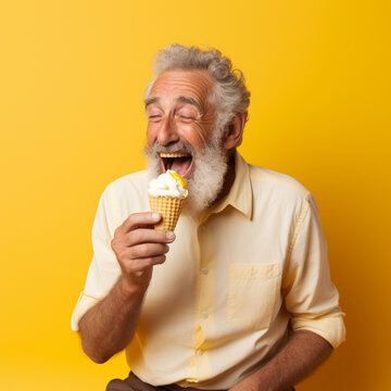 Senior man eating ice cream in yellow background. Generative AI.
