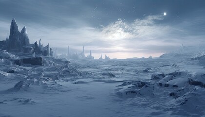 Fototapeta na wymiar Generative AI illustration of frozen wasteland, the rough terrain of the North Pole