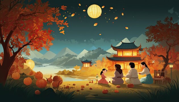 Generative AI illustration of a rural setting during the Mid Autumn Festival. Show a family sitting outside their traditional house, sharing moon cakes and stories under a tree