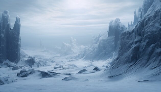 Generative AI illustration of frozen wasteland, the rough terrain of the North Pole