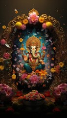 Generative AI illustration of Ganesha Hindu God, with flowers, oil painting taken up into heaven, sitting in front of bokeh mandala background
