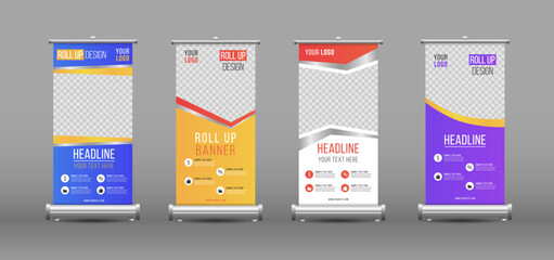 	
Business Roll up banner vertical template design, for brochure, business, flyer, infographics. Roll up banner stand design with abstract geometric colorful speech bubble. Vector illustration.