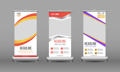 	
Business Roll up banner vertical template design, for brochure, business, flyer, infographics. Roll up banner stand design with abstract geometric colorful speech bubble. Vector illustration.