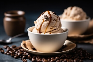 Bowl of delicious coffee ice cream with coffee beans. Generative AI and digital editing.