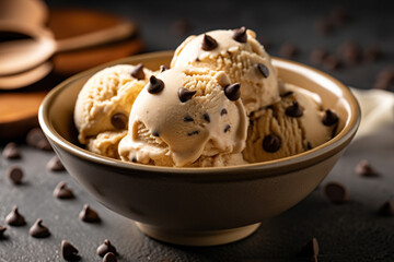 Bowl of delicious vanilla ice cream with chocolate chips. Generative AI and digital editing.