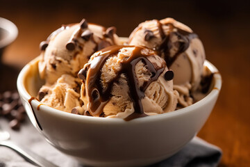 Bowl of delicious coffee ice cream with chocolate chips. Generative AI and digital editing