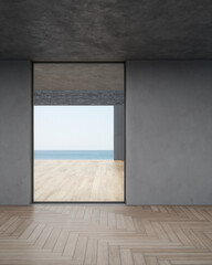 Empty concrete room with wood floor. 3d rendering of abstract interior space with sea background.