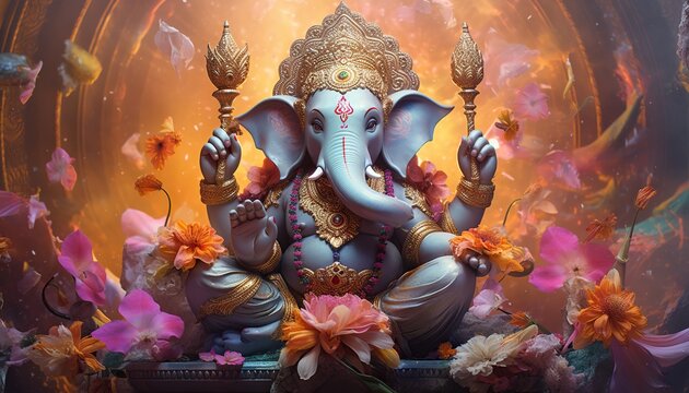 Generative AI illustration of Ganesha Hindu God, with flowers, oil painting taken up into heaven, sitting in front of bokeh mandala background