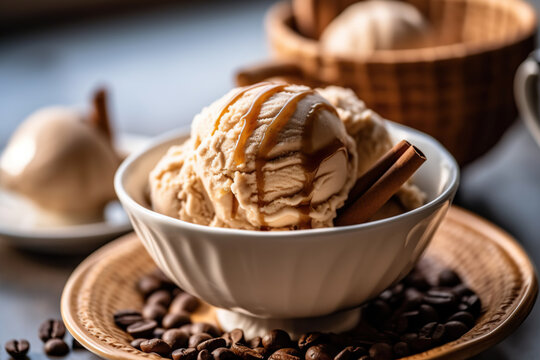 Bowl of delicious coffee ice cream with caramel topping. Generative AI and digital editing.