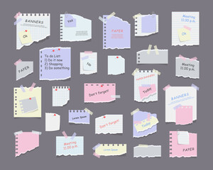 Paper sticky notes, memo messages, notepads and torn paper sheets. Blank notepaper of meeting reminder, to do list and office notice or information board with appointment notes. Vector eps 10 - obrazy, fototapety, plakaty