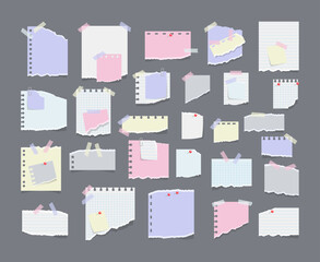 Information reminder. Paper notes on stickers, notepads and memo messages torn paper sheets. Blank notepaper of meeting reminder, to do list and office notice or information board. Vector illustration