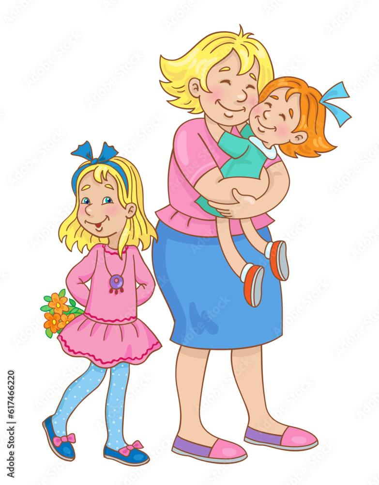 Poster Happy mother's day! Cute mother with two daughters of different ages. In cartoon style. Isolated on white background. Vector illustration